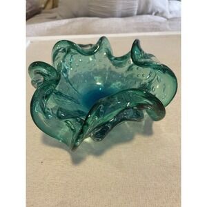 Murano Art Glass Bullicante Bowl Dish Blue Teal Glass Controlled Bubbles Ashtray